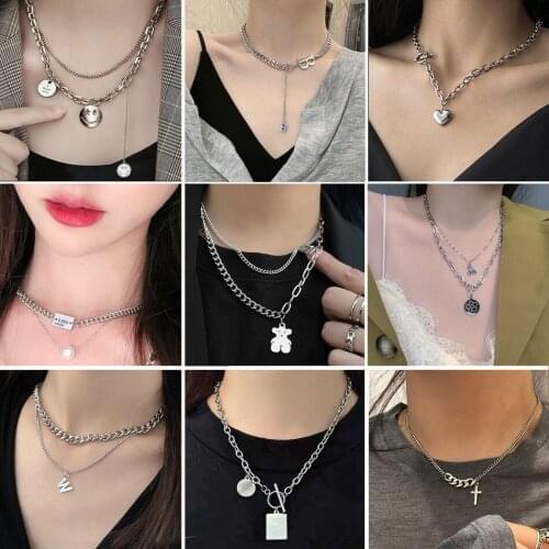 2021Punk Hiphop Rock Stainless Steel Coin Love Geometric Pendant Necklaces for Women Men Round Letter Chains Street Jewelry