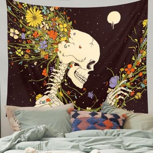 Floral Black Skull Tapestry Wall Hanging Ancient Wall Tapestry Hippie Moon Night Tapestry Wall Carpets Psychedelic Tapestry