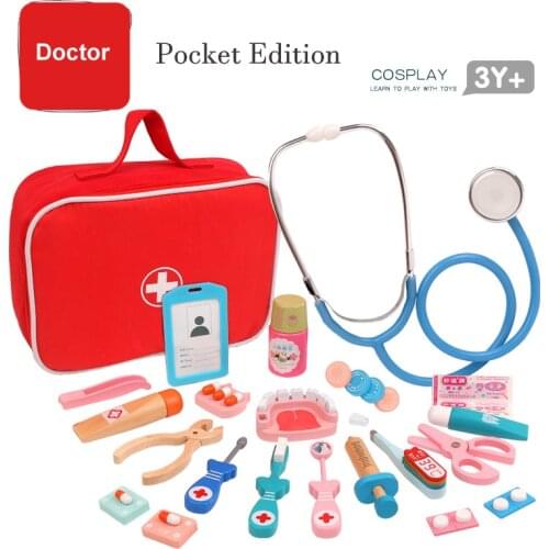 Baby Doctor Toys Simulation Medical Kit Dentist Nurse Red Medicine Bag Pretend Play Wooden Doctor Set for Children Gifts
