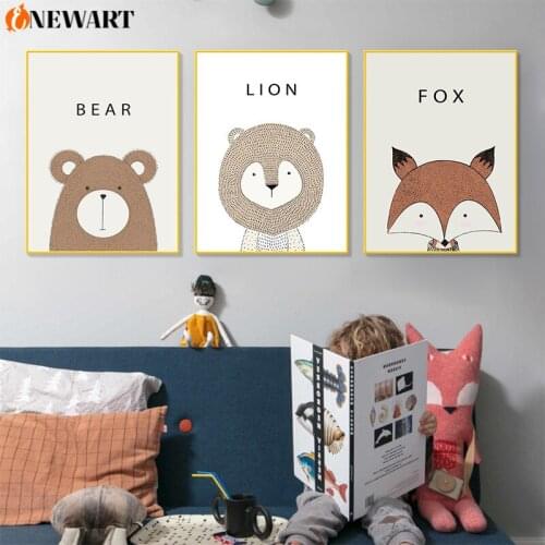 Cartoon Baby Nursery Painting Wall Poster Print Lion Bear Fox Canvas Painting Kids Room Wall Poster Decoration Picture Bedroom
