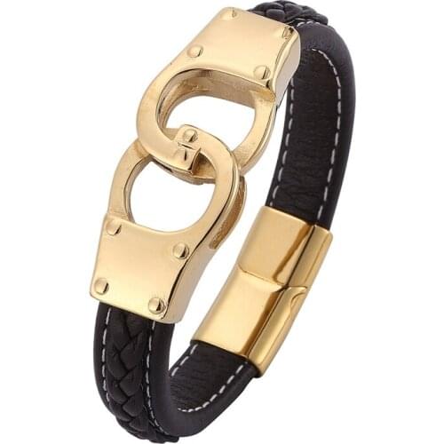 New Punk Jewelry Men Brown Braided Leather Charm Bracelet Golden Magnetic Clasp Stainless Steel Handcuffs Bracelets Gift PD0748