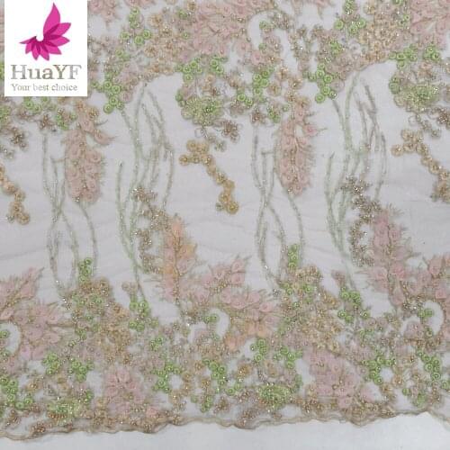 2021 New 3d Flower Peach Embroidery Chiffon Beaded Lace With Pearls Mix Color Dress Fabric HY1426-4