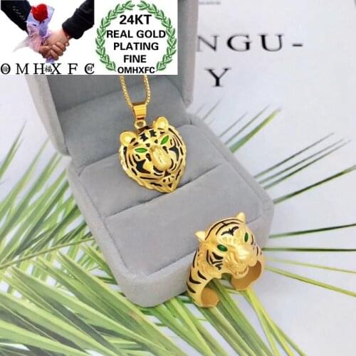 OMHXFC Wholesale YM150 European Fashion Hot Woman Man Party Birthday Wedding Gift Tiger Head 24KT Gold Necklace+Ring Jewelry Set