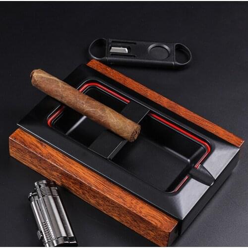 Retro Titanium Alloy Cigar Ashtray Home Wooden Metal Ash Tray Luxury Hold 2 Cigars Cigarette Ashtrays Tobacco Cigars Accessories