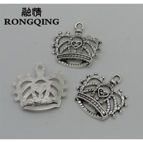 RONGQING 100pcs/lot Antique Silver 21x21mm Crown Charms for Bracelet Earrings Jewelry Making