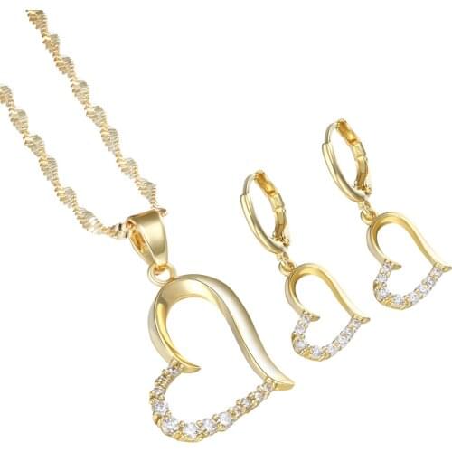 Luxury Gold Color Earrings nacklace jewelry sets for women wedding engagement Charm gift Love Heart shape With White CZ Decorate