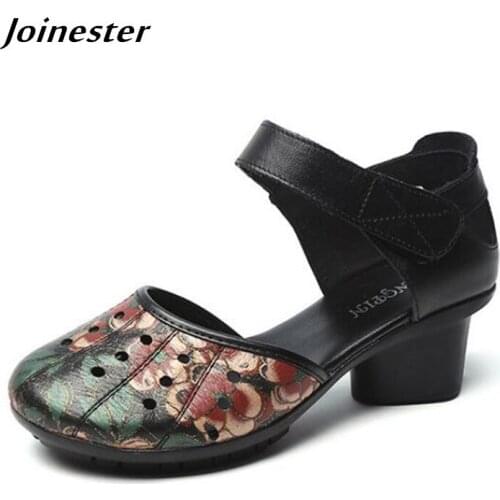 Women Full Toe Genuine Leather Sandals Ladies Mary Jane Chunky Heel Summer Shoes Woman Retro Dress Sandal Shoe Ethnic Clog Shoes