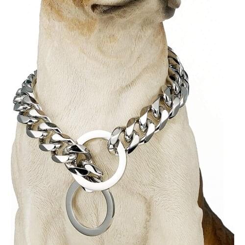 Silver Slip Chain Dog Collar Cuban Link Chain Metal Links Heavy Duty Smooth Flat Chain Leash Collar for Small Medium Large Dogs