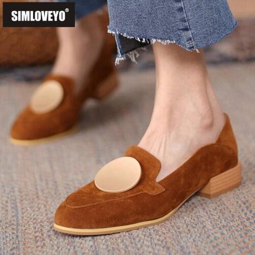 SIMLOVEYO New 2021 Ladies Flat Shoes Round Toe Nubuck Slip-On Designer British Stylish Big Size 48 Casual Office Black A3600