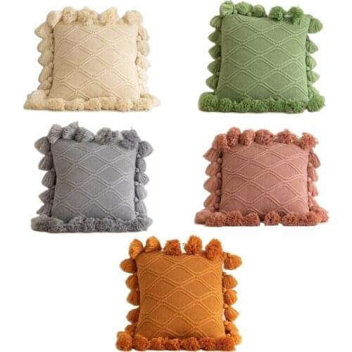 68UE Knitted Throw Pillow Case with Pompoms Tassel Geometric Stiped Cushion Cover