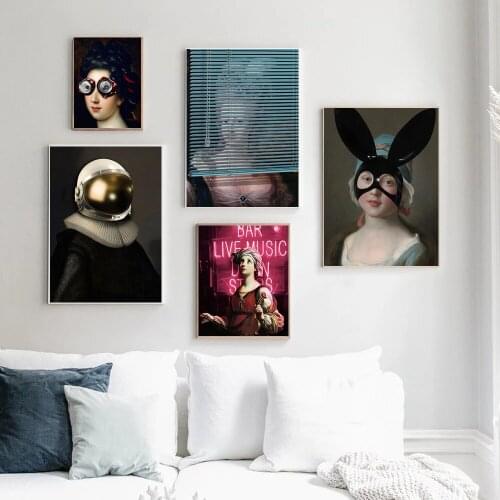 Modern Abstract Funny Rabbit Ears Glasses Women Painting Alien Helmet Wall Art Pictures Canvas Poster Living Room Home Decor