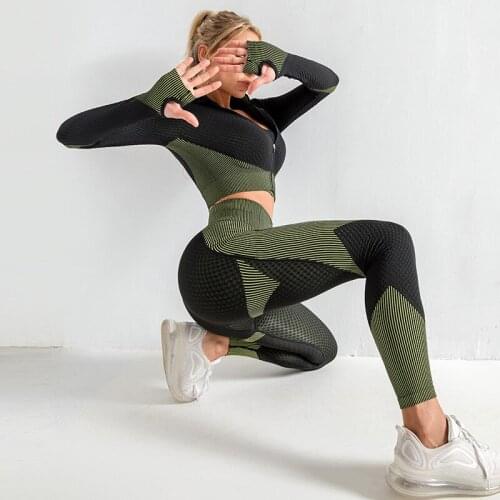 Sport Womens Tracksuit Seamless Long Sleeve Crop Top Cross Back Bra High Waist Yoga Pants 3 Pieces Set Fitness Sportswear