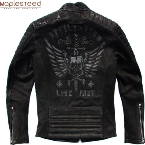 MAPLESTEED Vintage Distressed Motorcycle Jacket Men Skull 100% Calf Skin Slim Fit Leather Jacket Man Moto Biker Coat Winter M203