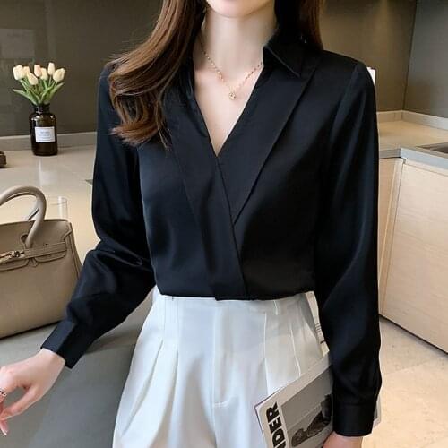 2021 Autumn Black Long-sleeved Shirt Womens Fashion Simple Style Sexy V-neck Chiffon Blouses Solid Elegant Blusas Female 1049