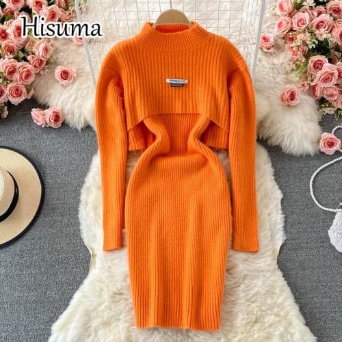 2021 autumn winter new women sling knitted sheath dress + high neck long sleeve short sweater blouse female two piece sets