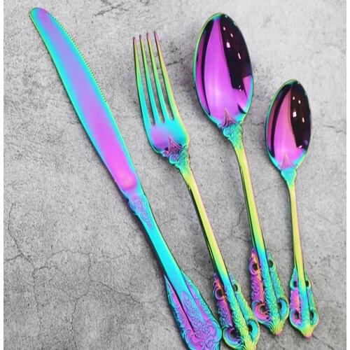 4pcs/set Tableware Colorful Cutlery Set Stainless Steel European Style Relief Knife/Fork/Spoon Kit Home Kitchen Bar Supplies