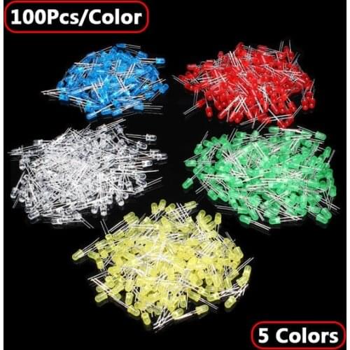 500Pcs 5MM LED Diode Kit Mixed Color Red Green Yellow Blue White 5 Colors 100pcs/color Free Shipping