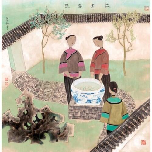 Free shipping classical Chinese house courtyard girl tank oil painting canvas painting prints on canvas art decoration picture