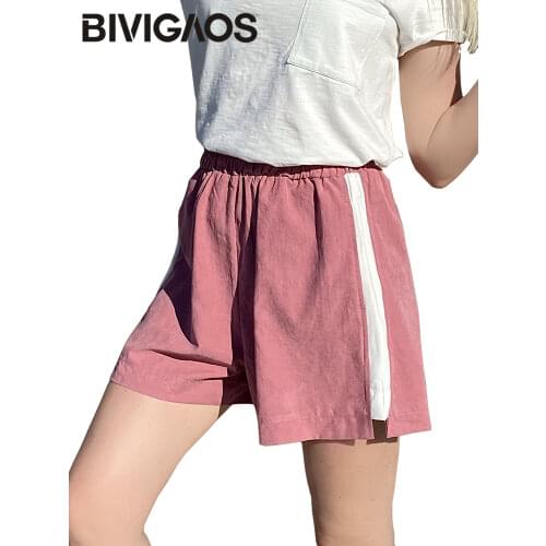 BIVIGAOS Summer New Women Shorts White Side Loose Thin High Waist Sports Shorts Girls Soft Comfortable Casual Wide Leg Shorts