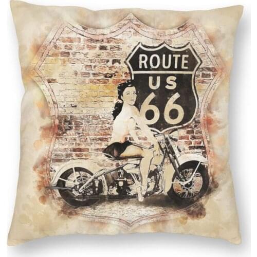 Historic Route 66 Girl And Motorcycle Cushion Cover 45x45cm Decoration Print Vintage Style Throw Pillow Case for Sofa