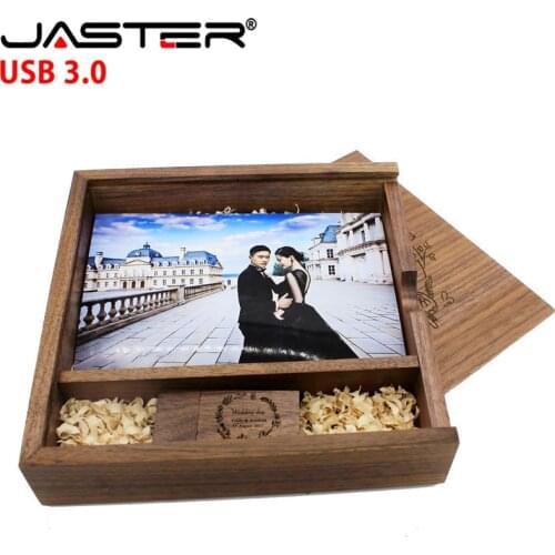 JASTER Custom LOGO New Wood Photo Box + Acrylic Lid +Wooden Square USB 3.0 4GB 8GB 16GB 32GB 64GB Memory flash stick Pendrive