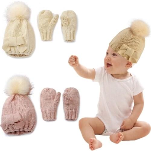 Kids Warm Knit Hat Gloves Cold Weather Set Child Cap Beanie Winter Mitten Gifts B36E