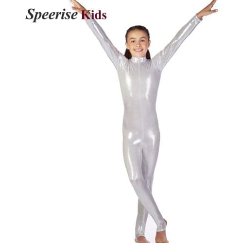 Children Shiny Metallic Spandex Long Sleeve High-necked Dance Suit Stirrup Bodysuits Catsuits Unitards For Gymnastics Leotard