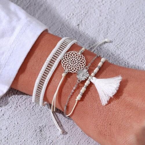 DROPSHIPPING Simple Fashion Handwork Rope Chain Link Flower Bracelet White Tassel Wrap Bracelet Set Multilayer Fashion Jewelry