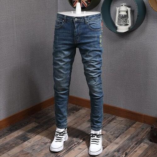 Japanese Vintage Fashion Men Jeans Retro Blue Slim Ripped Jeans Men Streetwear Patchwork Embroidery Designer Hip Hop Punk Pants