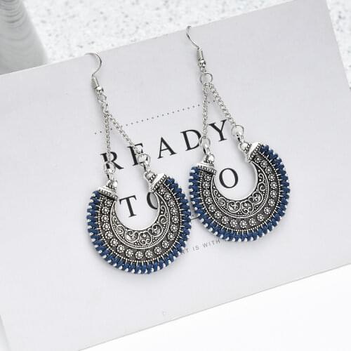 Bohemia Moon Shaped Drop Earrings Jewelry Vintage Rope Wrap Flower Geometric Long Dangle Earrings for Women Jewelry Wholesale