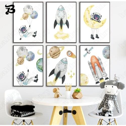 Cartoon Rocket Canvas Painting Decoration Astronaut Planet Rocket Moon for Childrens Bedroom Home Room Decor Canvas Painting