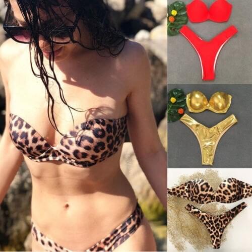 Two-Pieces Sexy Womens Strapless Leopard Bikini Set Padded Bra Crease Bandeau Swimsuit Beach Swimwear Bathing Suit