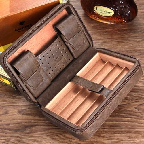 GALINER Leather Cigar Case Travel Humidor Cedar Wood 4 Tube Holder Cigar Box Portable Outdoor Bussiness Cigar Humidor Box