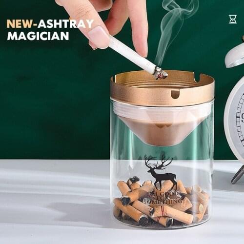 Creative Glass Windproof Ashtray stainless steel Funnel Design Cover Removable Transparent Ashtray Office Home Glass Ashtray