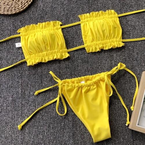 Summer Women Solid Color Tie-on Swimsuit Swimwear Bathing Suit Ruffle Bandeau Tops with Tanga Briefs Sexy Bikini Set Beachwear