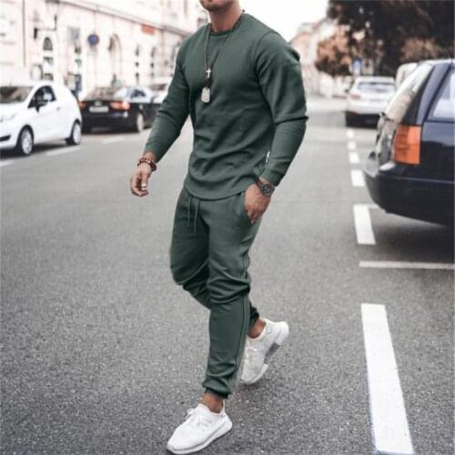 Fashionable Simple Solid Color Mens Summer 2021 2-Piece Casual Long-Sleeved Top Lace-Up Belted Trousers Slim Fashion Set S-3XL