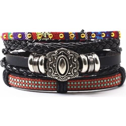 Brown Rivet Ethnic Punk Charm Handmade Woven Leather Men Bracelets Women Vintage Bangle Male Homme Men Jewelry Accessories