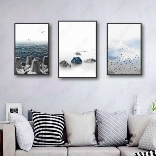 Wall Art Beautiful Landscape Blue Ocean Sky Grey Mountain Black Birds Posters and Prints Canvas Painting Living Room Decoration