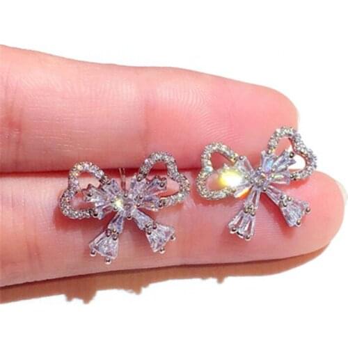 New Fashion Korean Stud Earrings For Women Earrings Silver Color Rhinestone Bow Earrings Female
