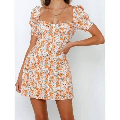Summer women zipper holiday vintage floral Dress Square Neck Short Sleeve Ladies sexy Mini Dresses beach Slim A-Line Vestidos