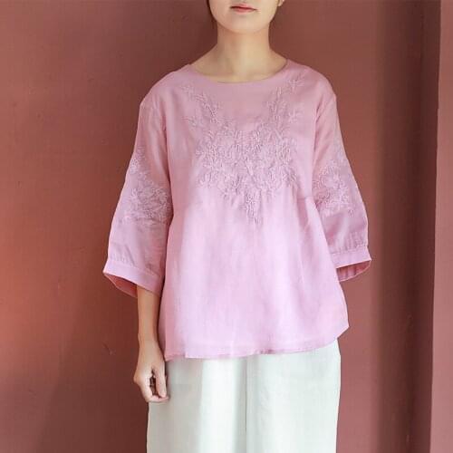 QPFJQD Ladies Autumn Summer Double Layers Blouse Ramie Women 2021 Retro Embroidered Loose Shirt Tops O Neck