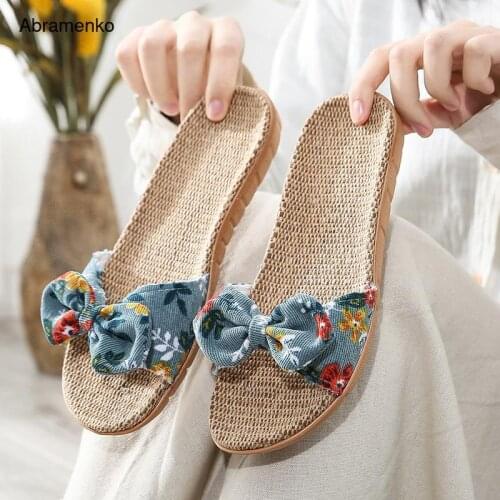 Bow Knot Flax Slippers Women Summer Flat Shoes Woman Casual Slides Beach Shoes Bedroom House Floor Slippers