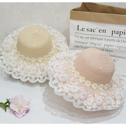 New Kids Girls Princess Large Wide Brim Straw Woven Sun Protection Little Daisy Beach Lace Summer Cap Bucket Floppy Hat