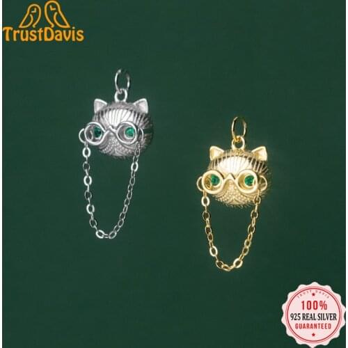 TrustDavis Real 925 Sterling Silver Fashion Hip Hop Cat Glasses CZ Charm Pendant Handmade DIY Accessories Fine Jewelry HY320