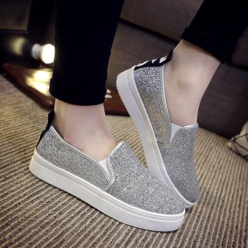 New women flats loafers casual fashion shoes for girls female slip on round toe comfortable sewing Lazy shoes black silver bling