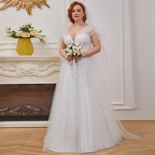 Evening Dress Deep V-Neck Sequins Embroidery A-Line Short Sleeves Pleat Floor-Length White Plus Size Women Formal Gowns D1033