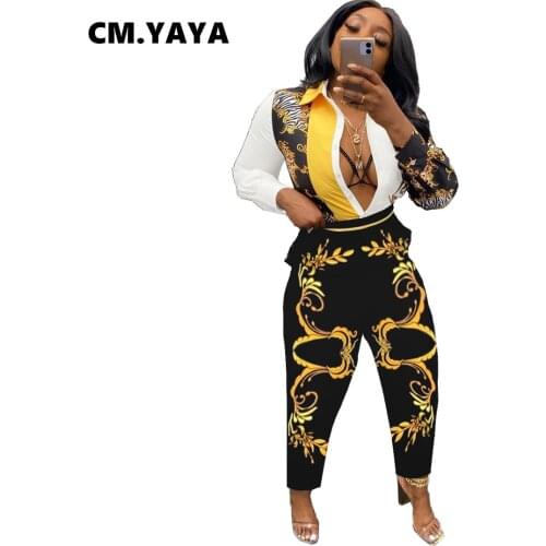 CM.YAYA Women Set Print Shirts Tops + Pencil Pants Two 2 Piece Sets Fashion Outfits for Office Lady Vintage Casualwear Autumn