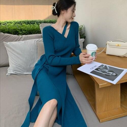 Elegant Lace Up Irregular Knitted Sheath Dress Women Autumn Winter V Neck Long Sleeve Sweater Dress Party Long Dresses Vestidos