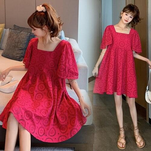280# Maternity Clothes Summer Red fashion lace Short Sleeve Easy Matching Loose Stylish Dress for Pregnant Women Mom Dress