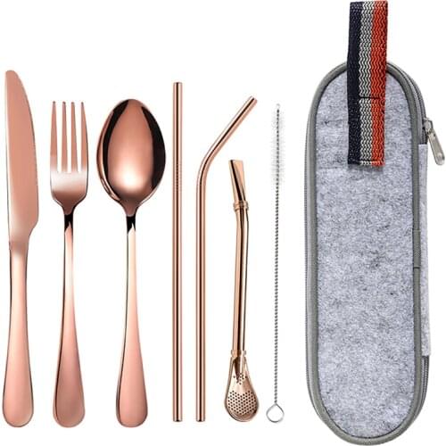 8PCS Stainless Steel Dinnerware Set Spoon Fork Straw Mixing Colander Cleaning Brush Storage Bag Kit Portable Outdoor Cutlery Kit